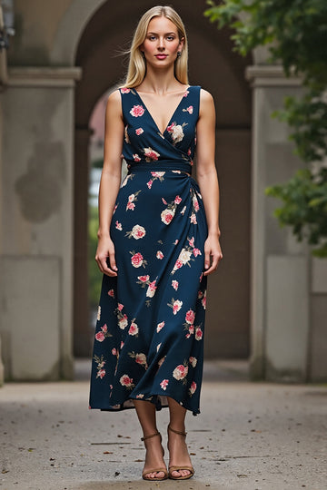 Dark Blue Floral Print A Line Midi Work Dress